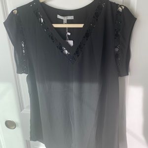 NEW! Ladies v-neck, short sleeve blouse - black with cutout design